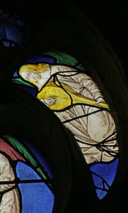 Ventana que representa un ángel musical con laúd de French School